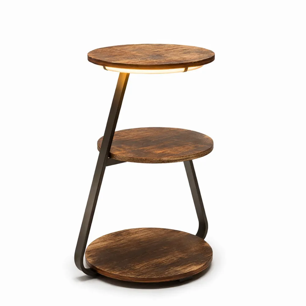 Table basse ronde avec éclairage LED multicolore et étagères de rangement