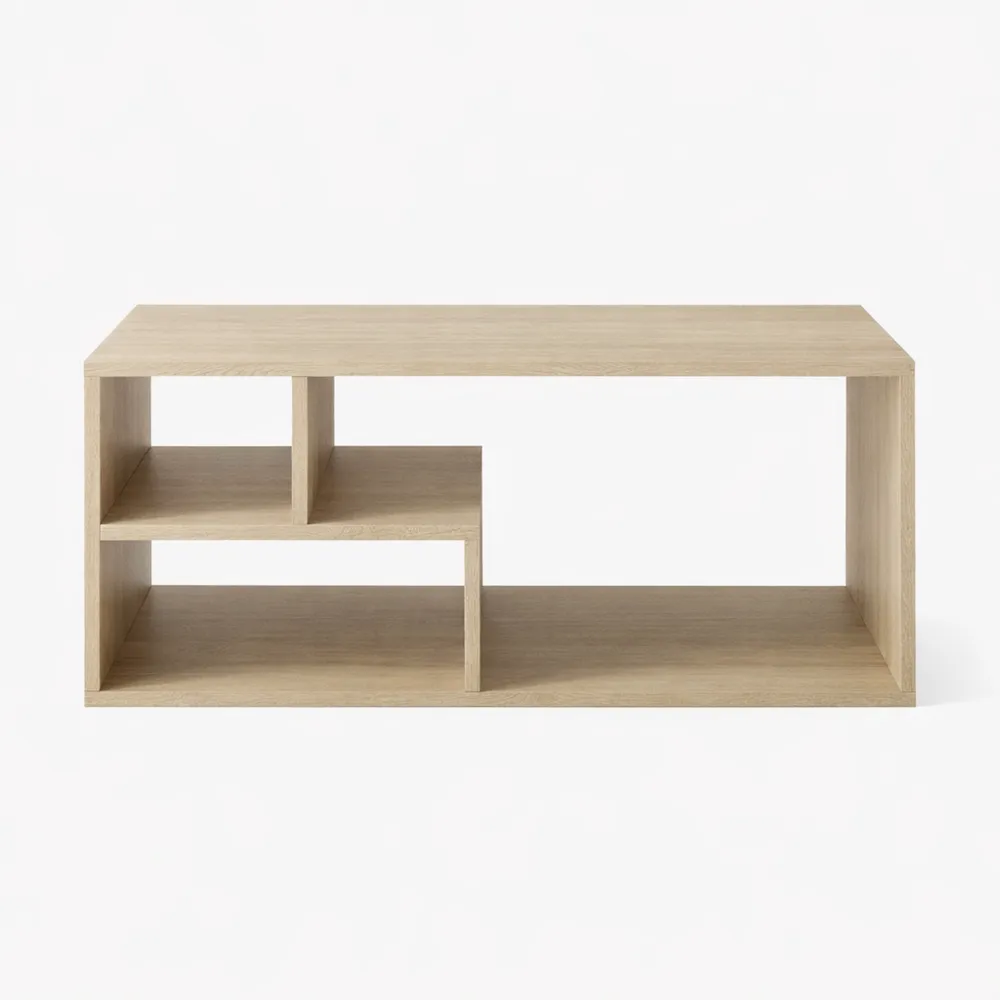 Table basse moderne avec étagères et plateau rectangulaire en travertin