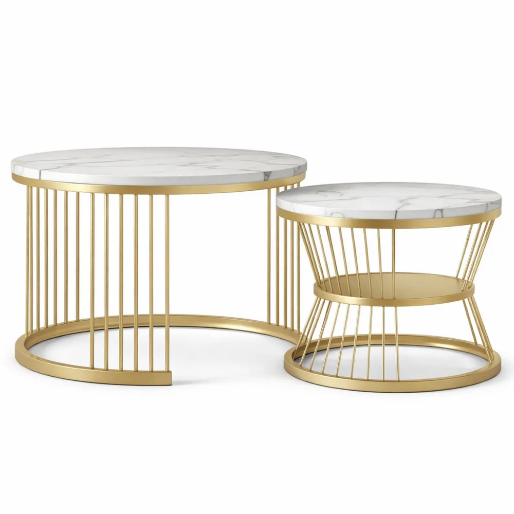 Ensemble de Tables Basses Rondes en Marbre et Métal Doré Empilables pour Salon