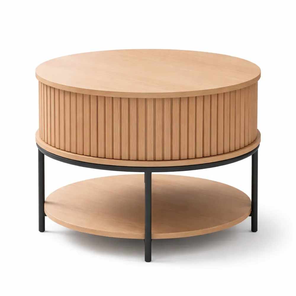 Table Basse Ronde avec Étagère et Portes Coulissantes en Chêne