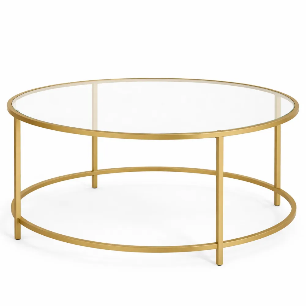 Table basse ronde en verre pour salon, finition dorée