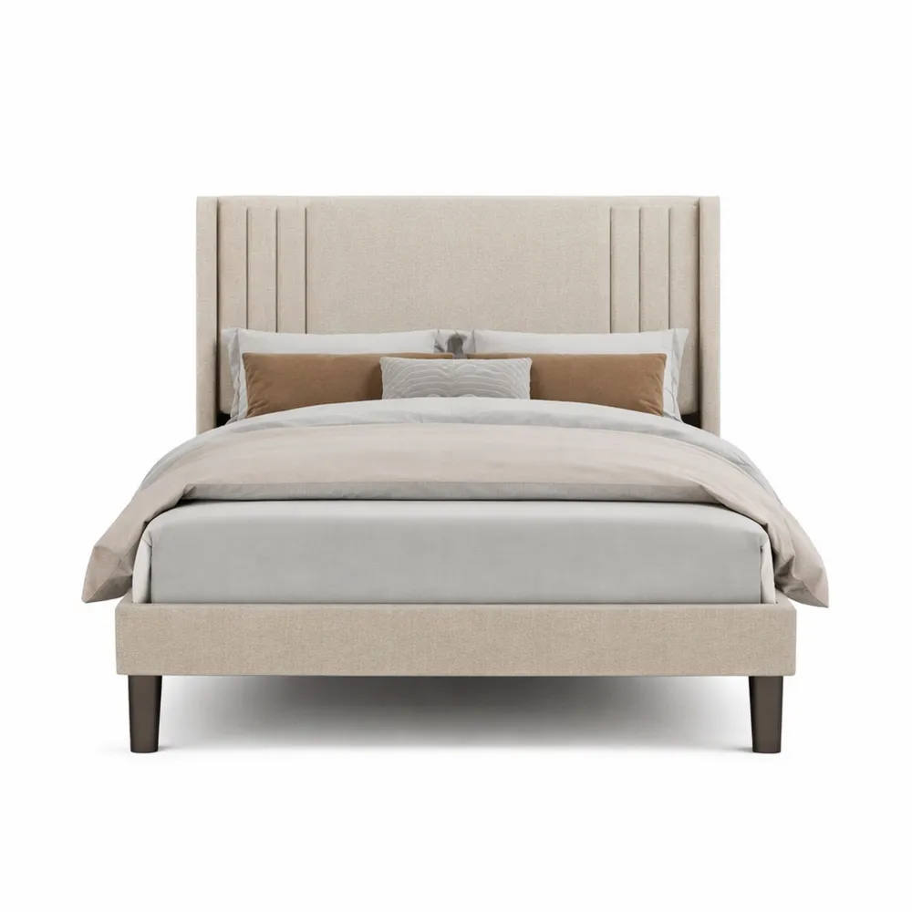 Lit en Tissu avec Sommier à Lattes 120 x 200 cm, Tête de Lit Design, Beige