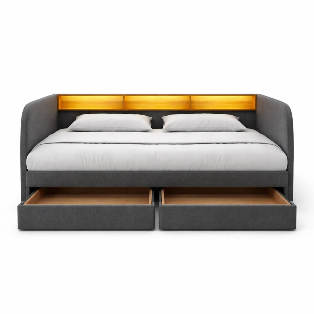 Lit double 140x200 cm avec tiroirs et port USB-C, sommier à lattes, espace de rangement