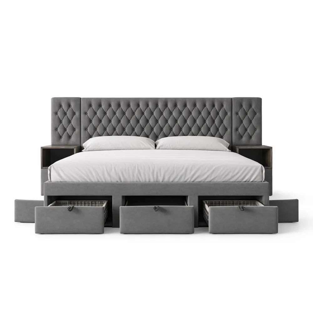 Lit double avec tiroirs et table de chevet incluses - Sommier à lattes avec lampe USB