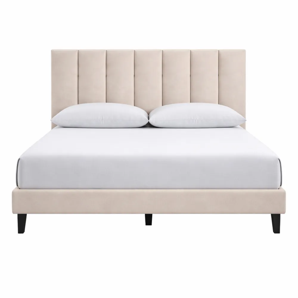 Lit double avec sommier à lattes et tête de lit rembourrée - Beige