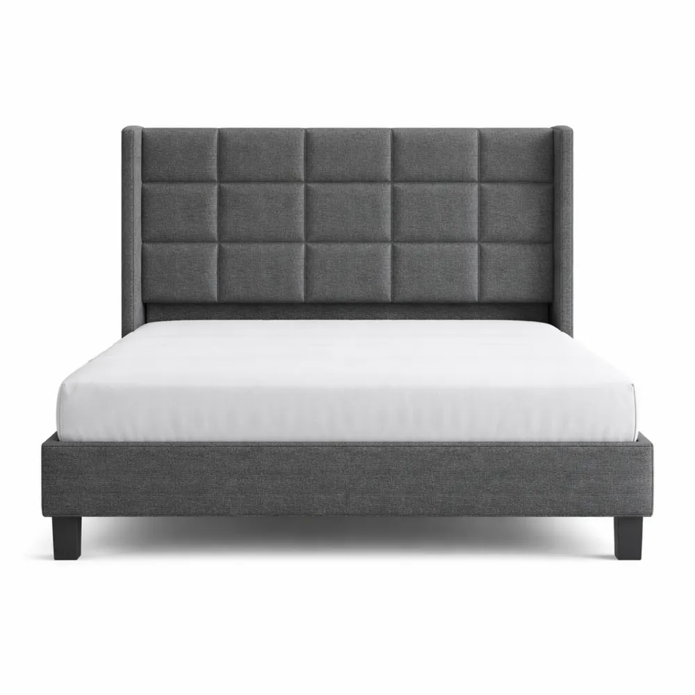 Lit simple capitonné 90 x 200 cm avec sommier à lattes en lin gris