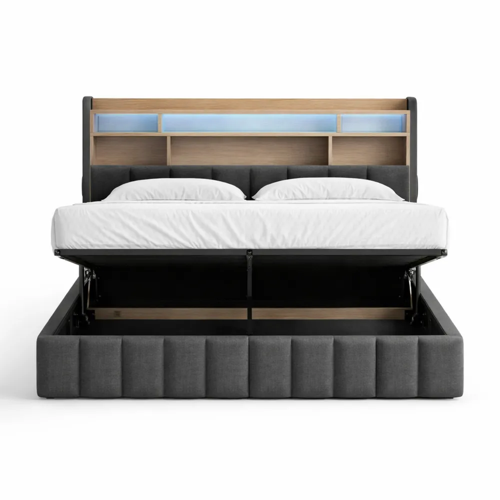 Lit Double LED 140 x 190 avec Rangement Caché et Tête de Lit Capitonnée