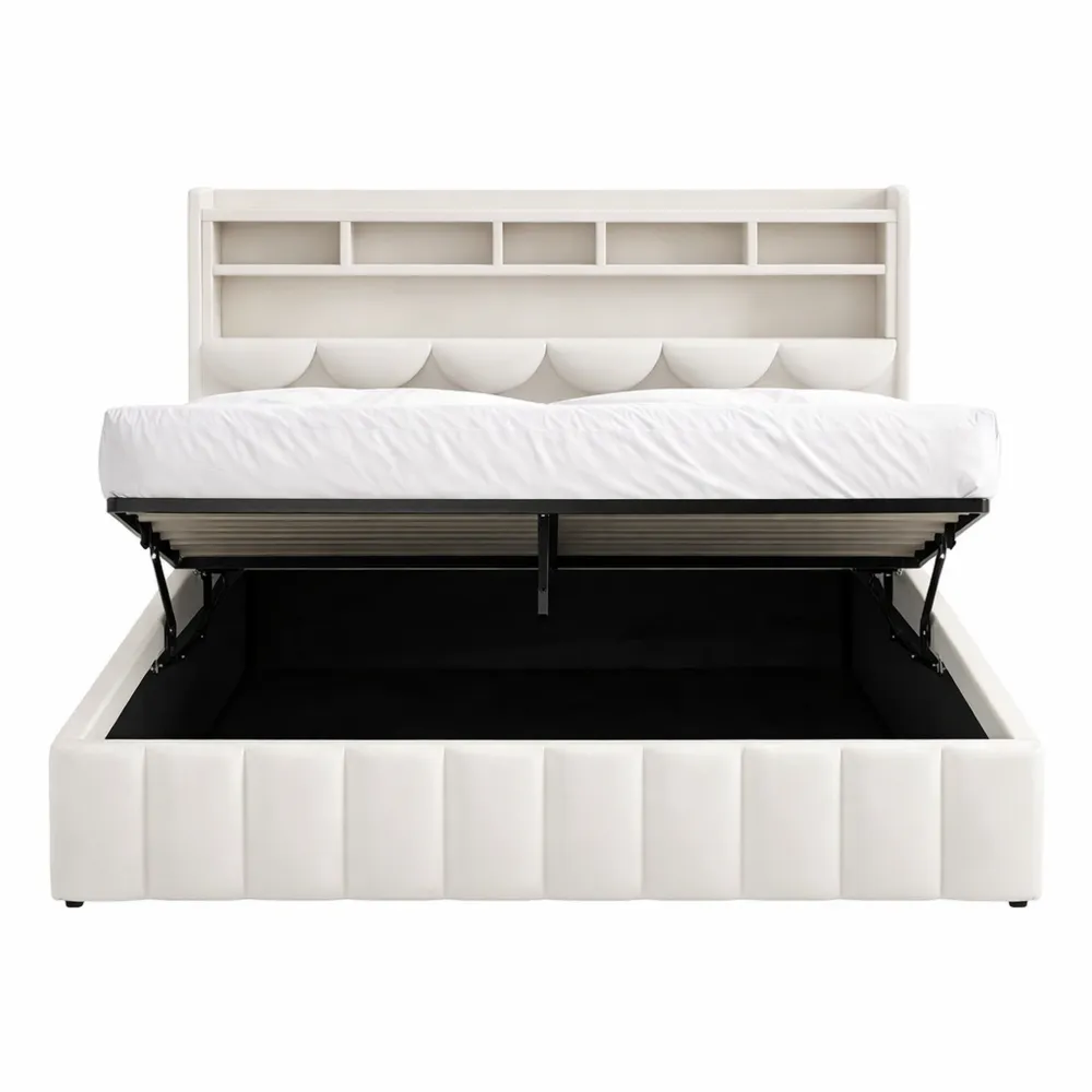 Lit double 140x190 avec éclairage LED, espace de rangement et lattes en bois