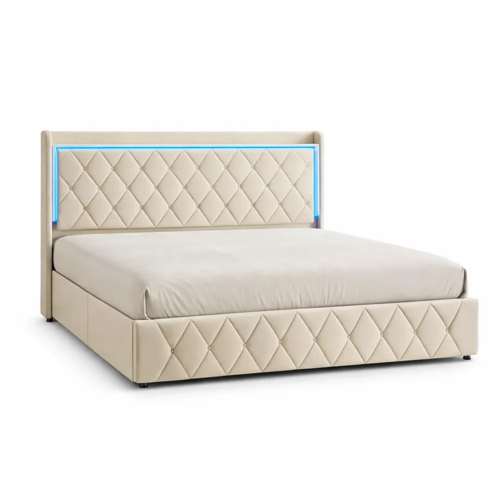 Lit Double avec LED et Rangement Hydraulique Velours Beige