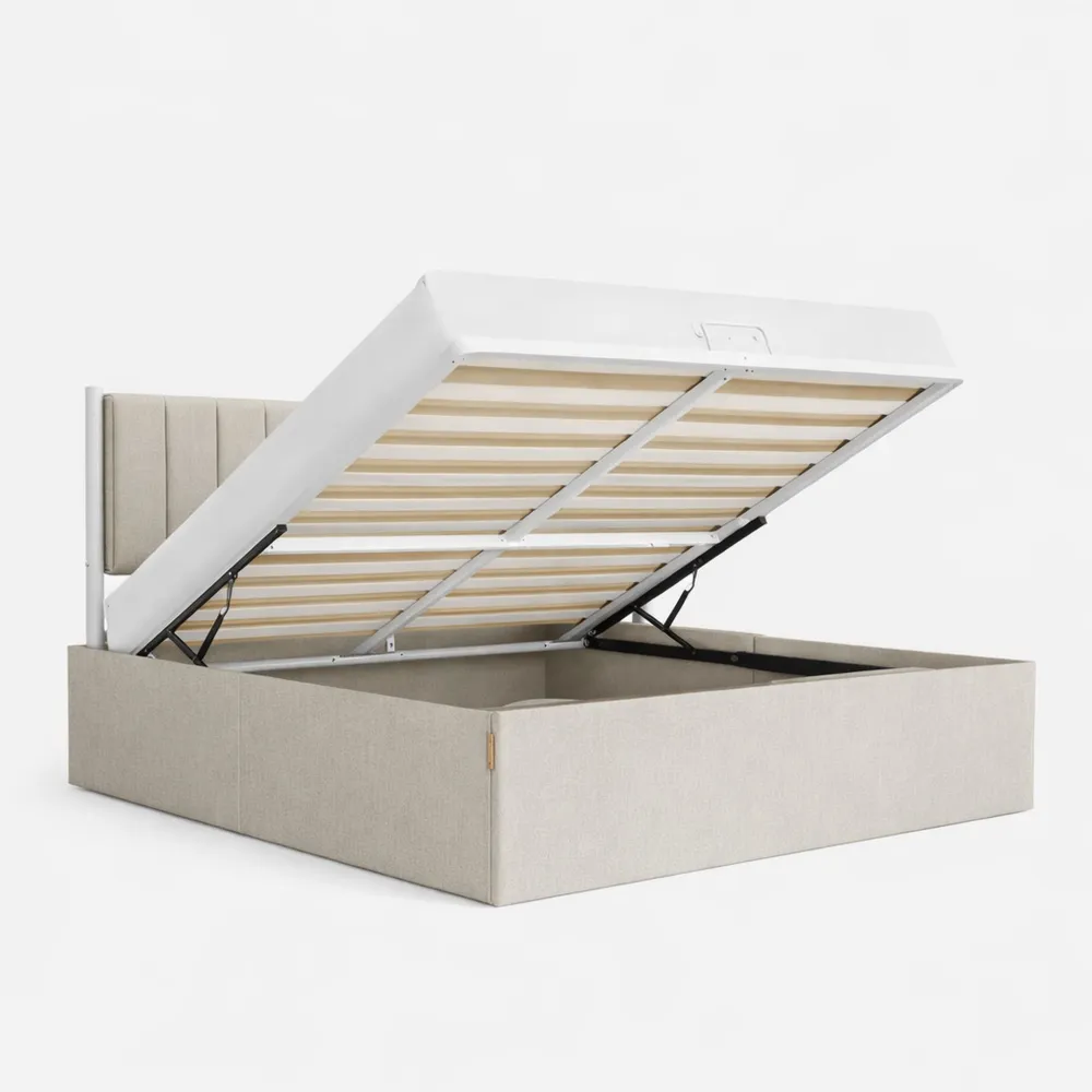 Lit double avec rangement, système hydraulique, moderne et minimaliste, beige cappuccino