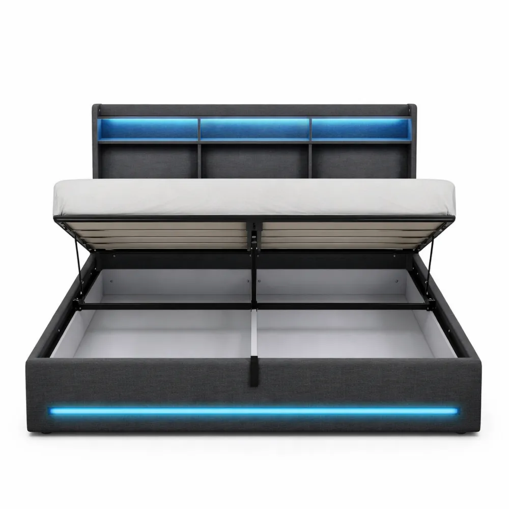 Lit double avec rangement LED et ports USB, tête de lit avec étagères et espace caché, sommier à lattes, gris foncé