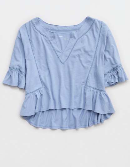 Aerie Flowy Cropped Notch Neck T-Shirt