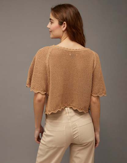 AE Off-the-Shoulder Cropped Crochet Tee