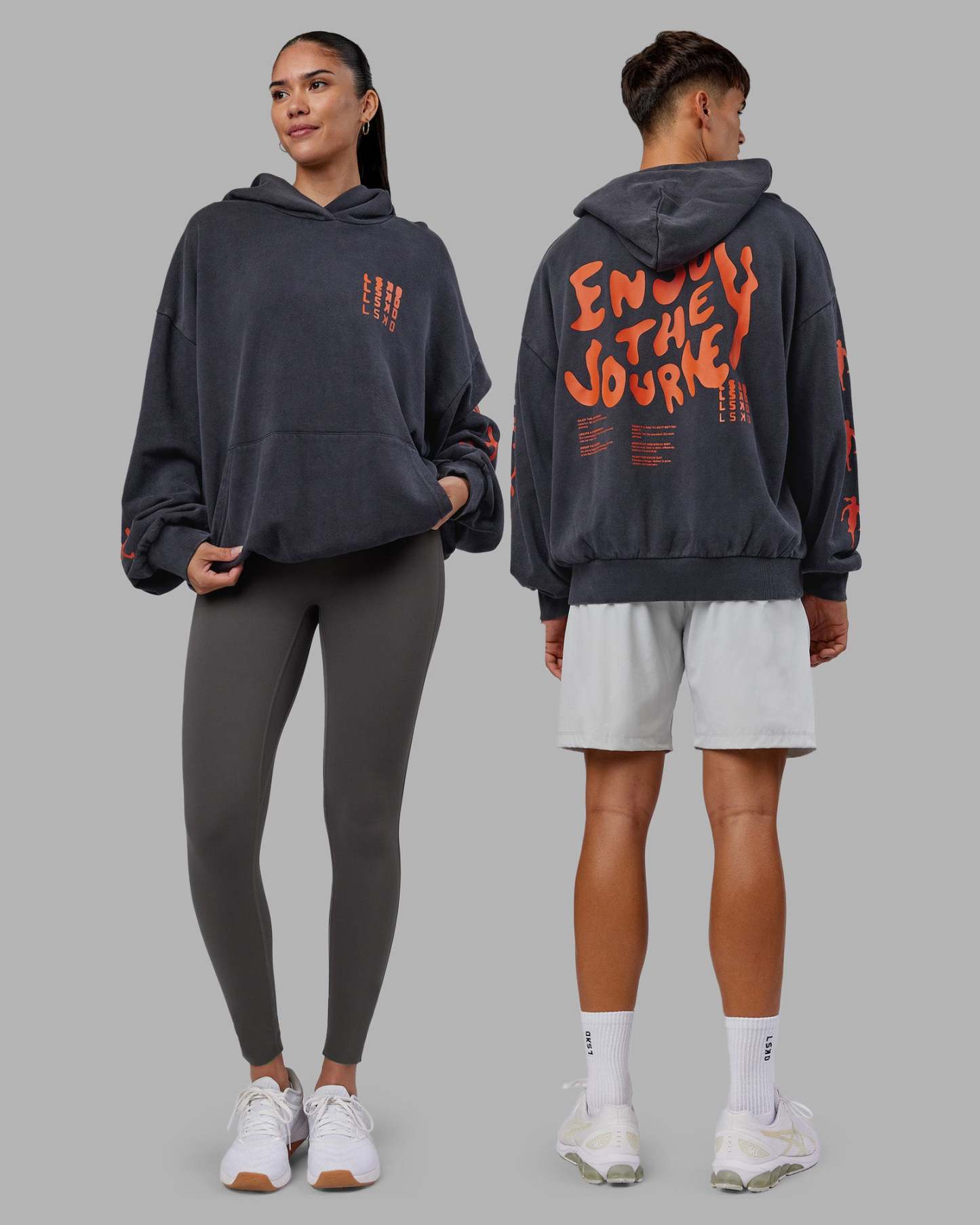 Journey Washed Unisex Oversize Hoodie - Black-Ultra Orange