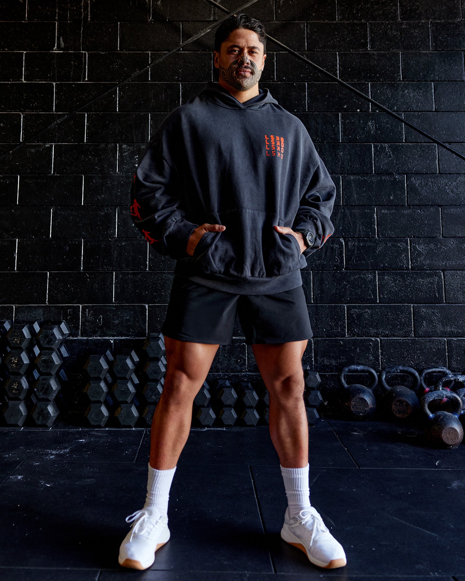 Journey Washed Unisex Oversize Hoodie - Black-Ultra Orange