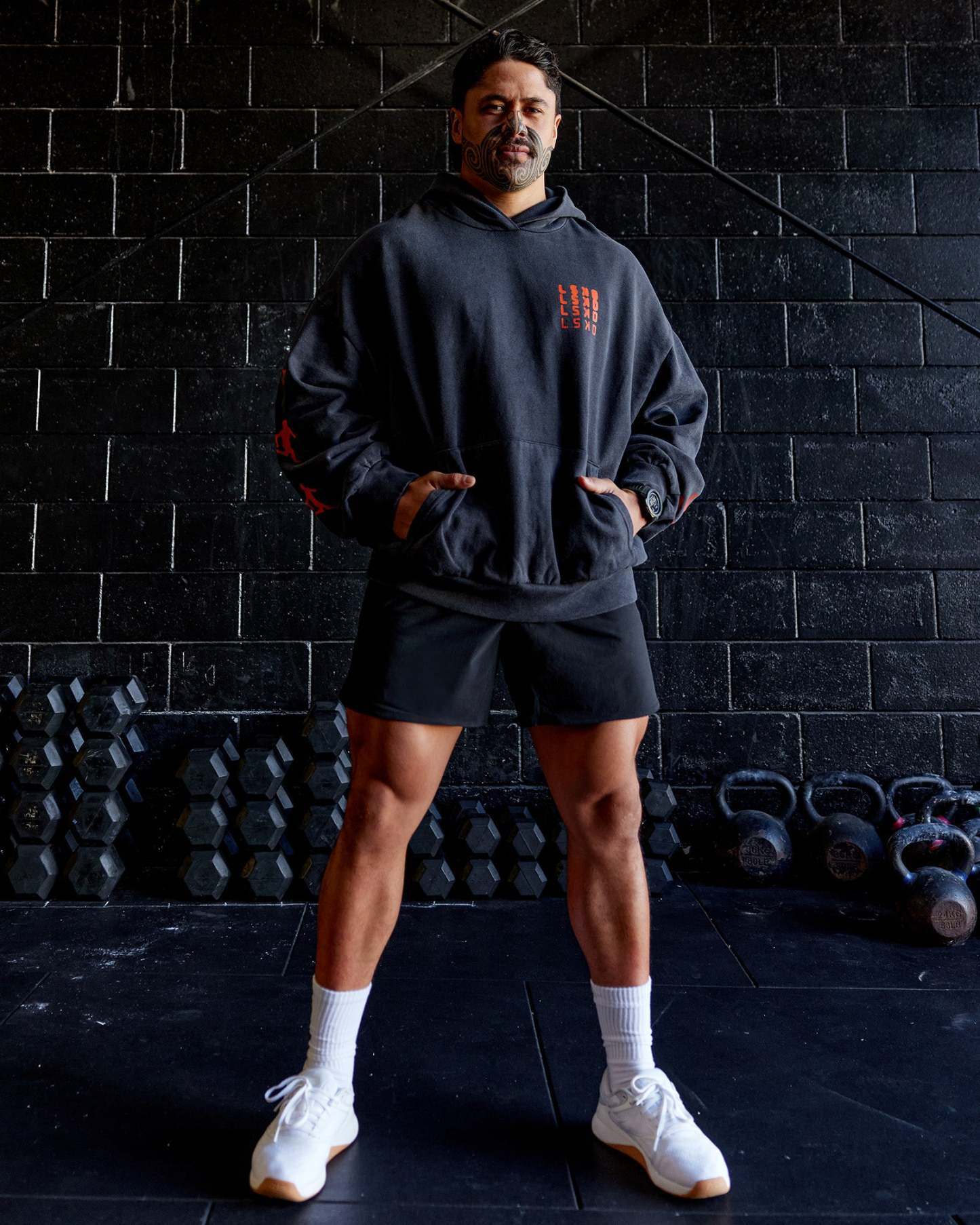 Journey Washed Unisex Oversize Hoodie - Black-Ultra Orange