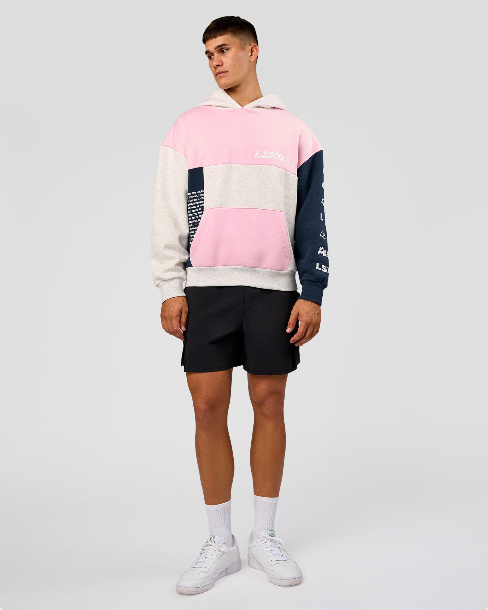 Deconstructed Fleece Hoodie - Grey Marl-Marshmallow-Navy