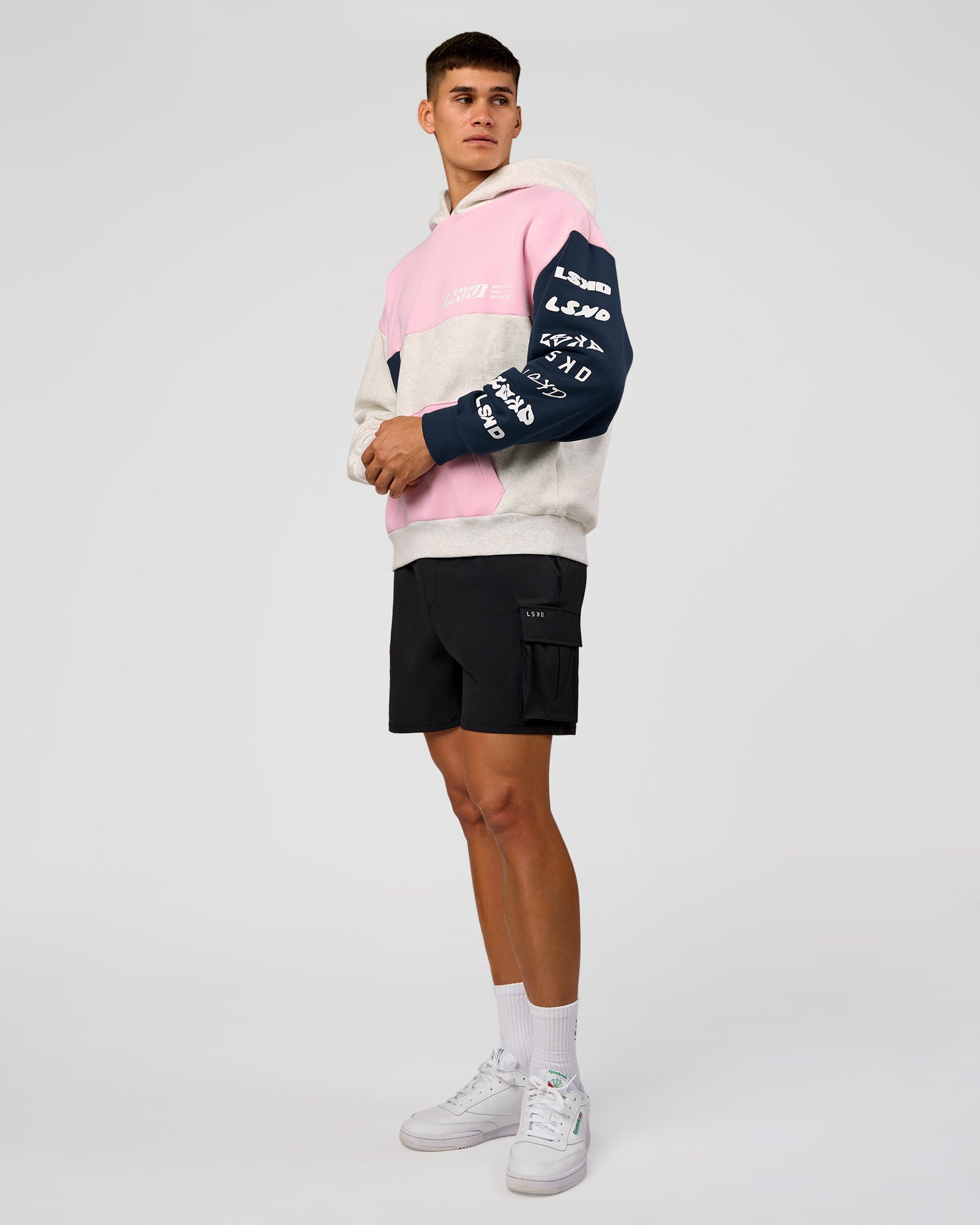 Deconstructed Fleece Hoodie - Grey Marl-Marshmallow-Navy
