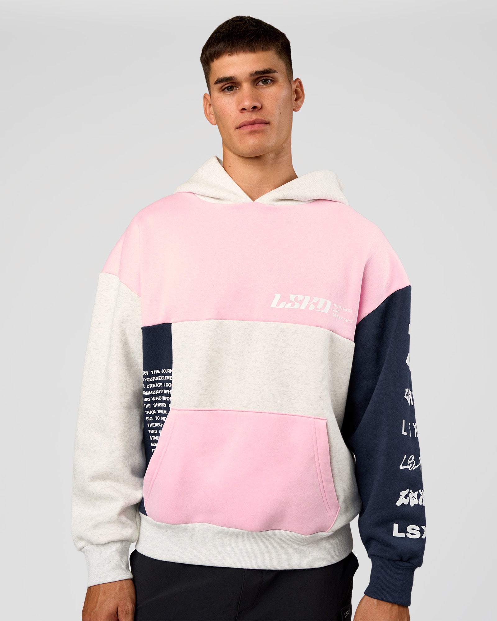 Deconstructed Fleece Hoodie - Grey Marl-Marshmallow-Navy