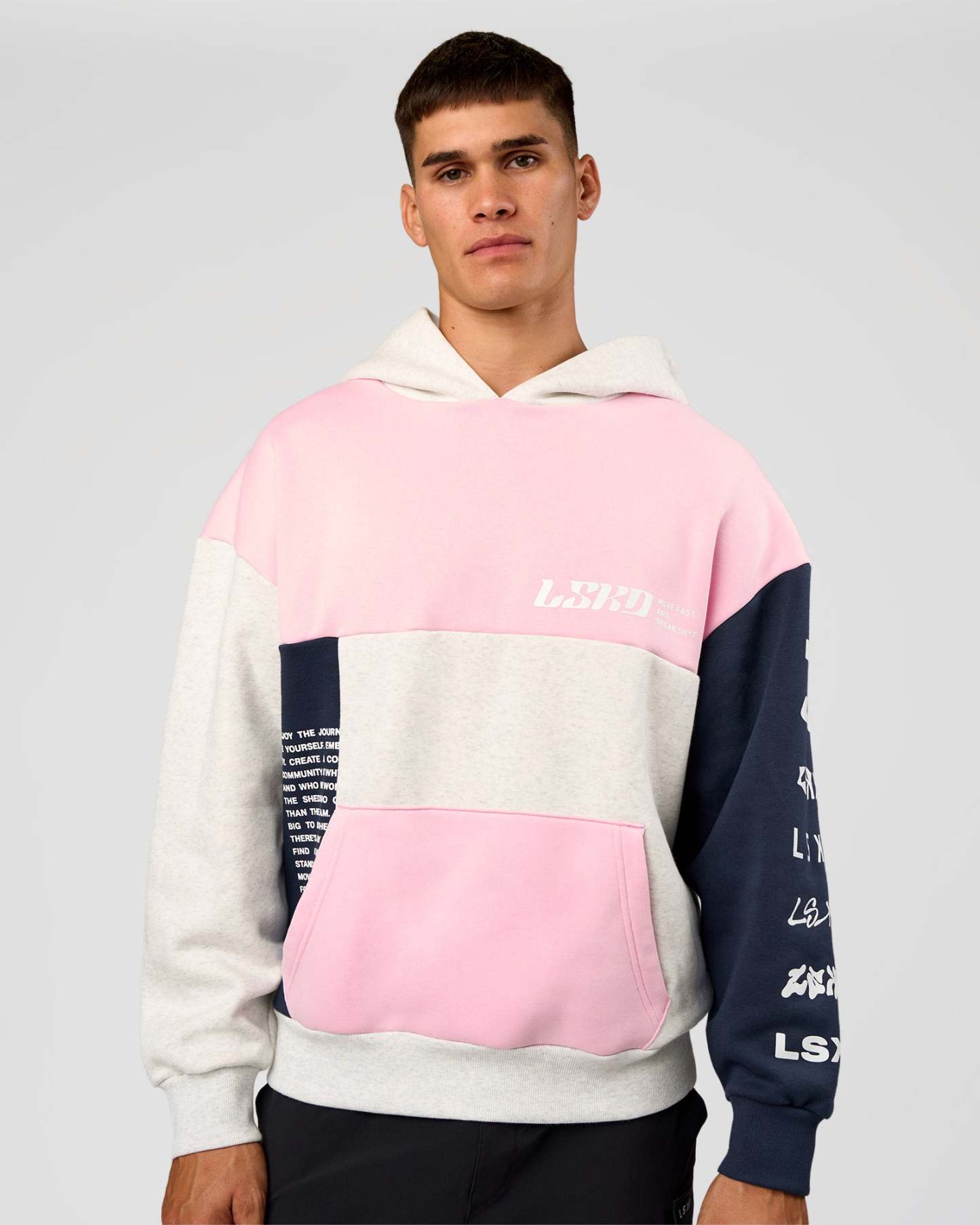 Deconstructed Fleece Hoodie - Grey Marl-Marshmallow-Navy