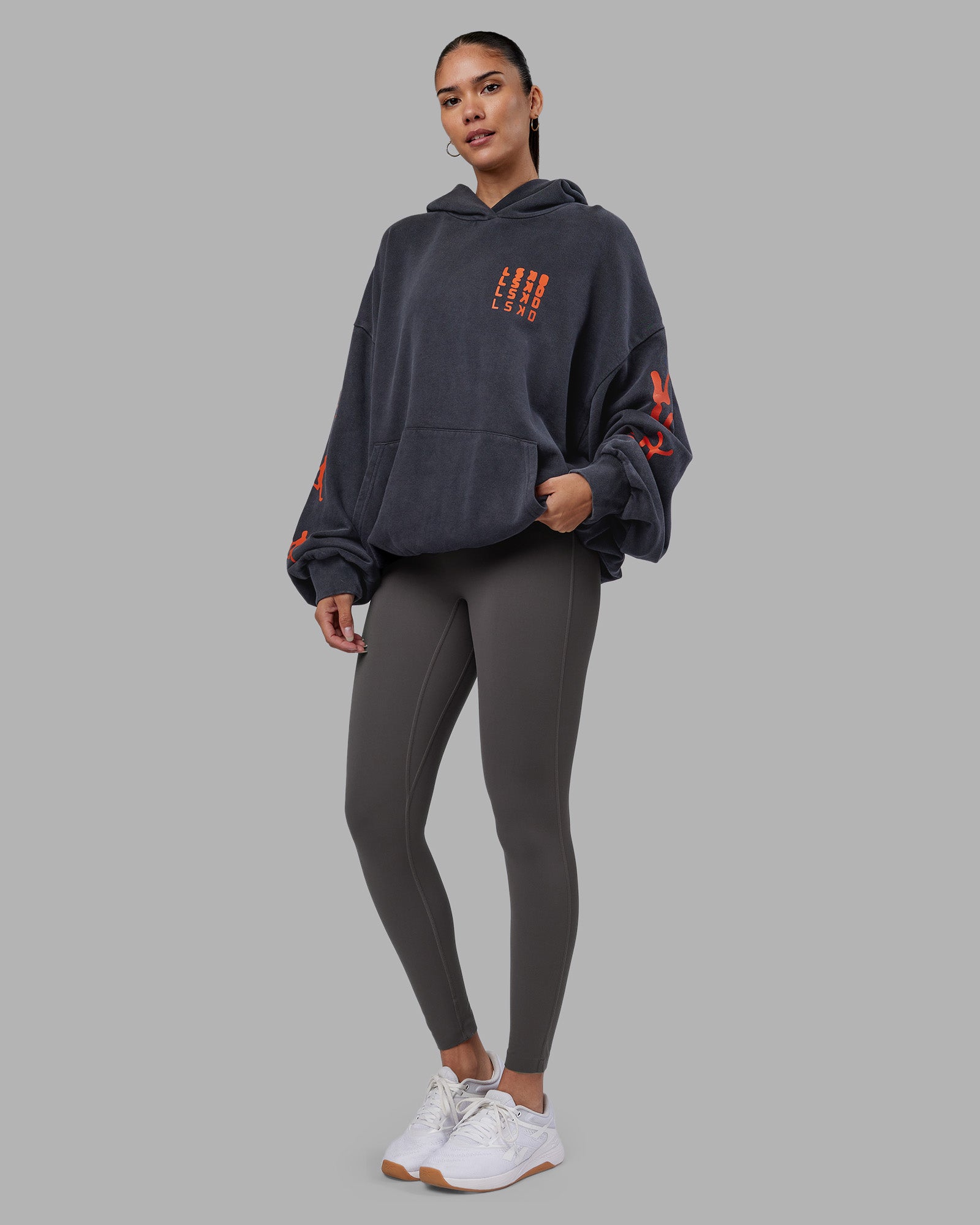 Journey Washed Unisex Oversize Hoodie - Black-Ultra Orange