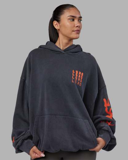 Journey Washed Unisex Oversize Hoodie - Black-Ultra Orange