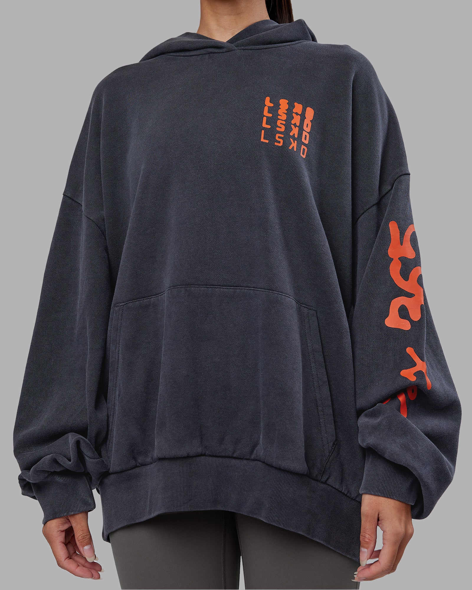 Journey Washed Unisex Oversize Hoodie - Black-Ultra Orange
