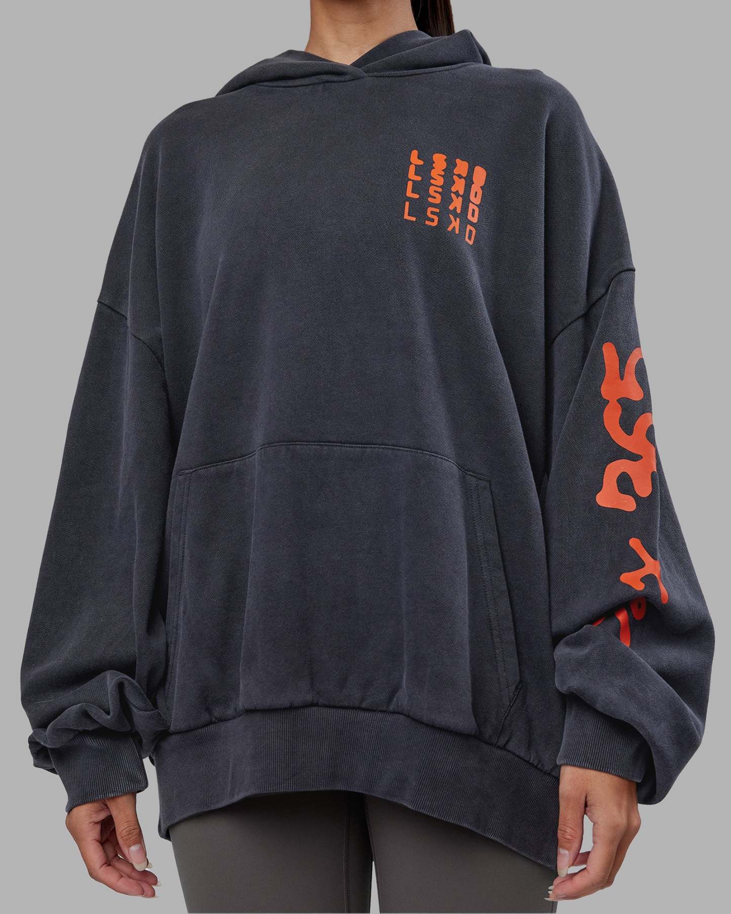 Journey Washed Unisex Oversize Hoodie - Black-Ultra Orange