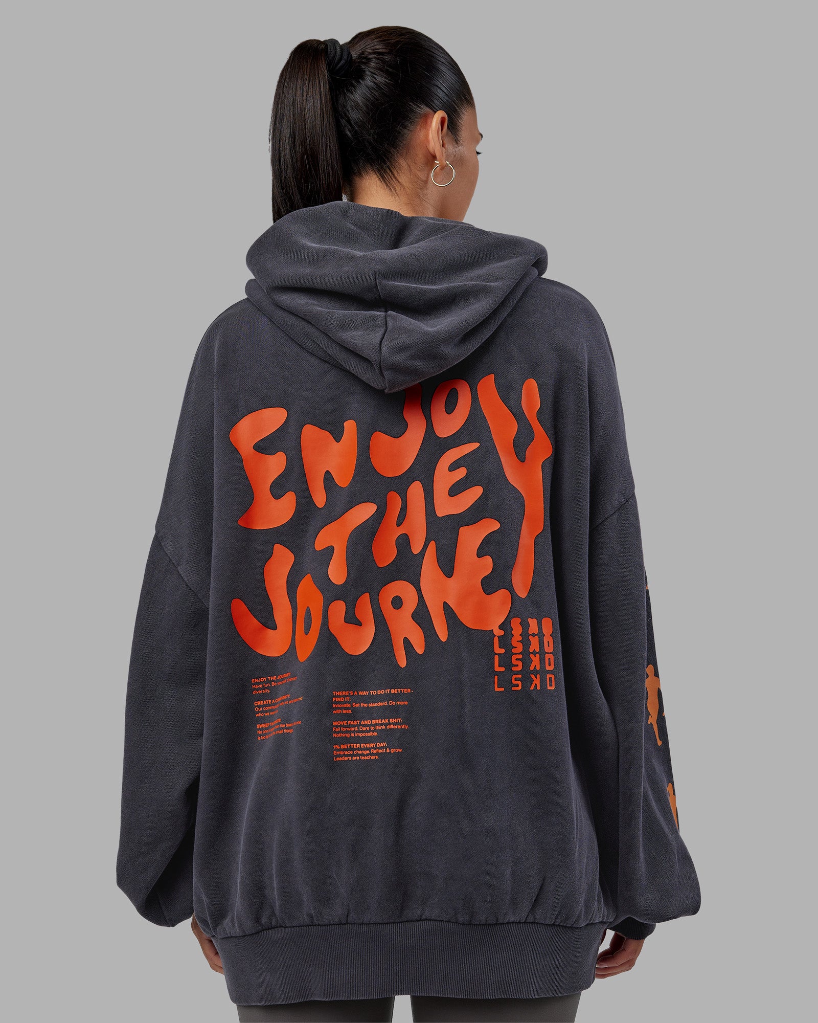 Journey Washed Unisex Oversize Hoodie - Black-Ultra Orange