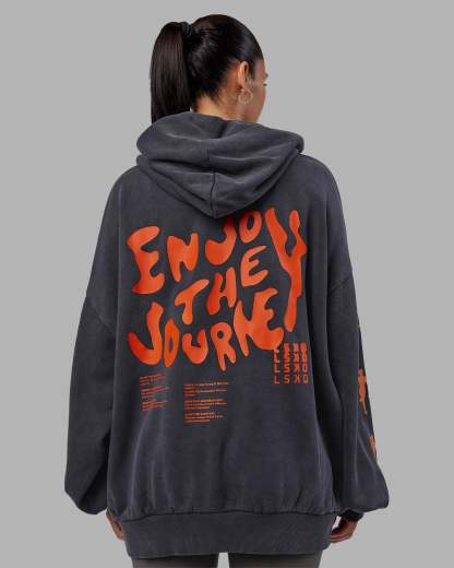Journey Washed Unisex Oversize Hoodie - Black-Ultra Orange