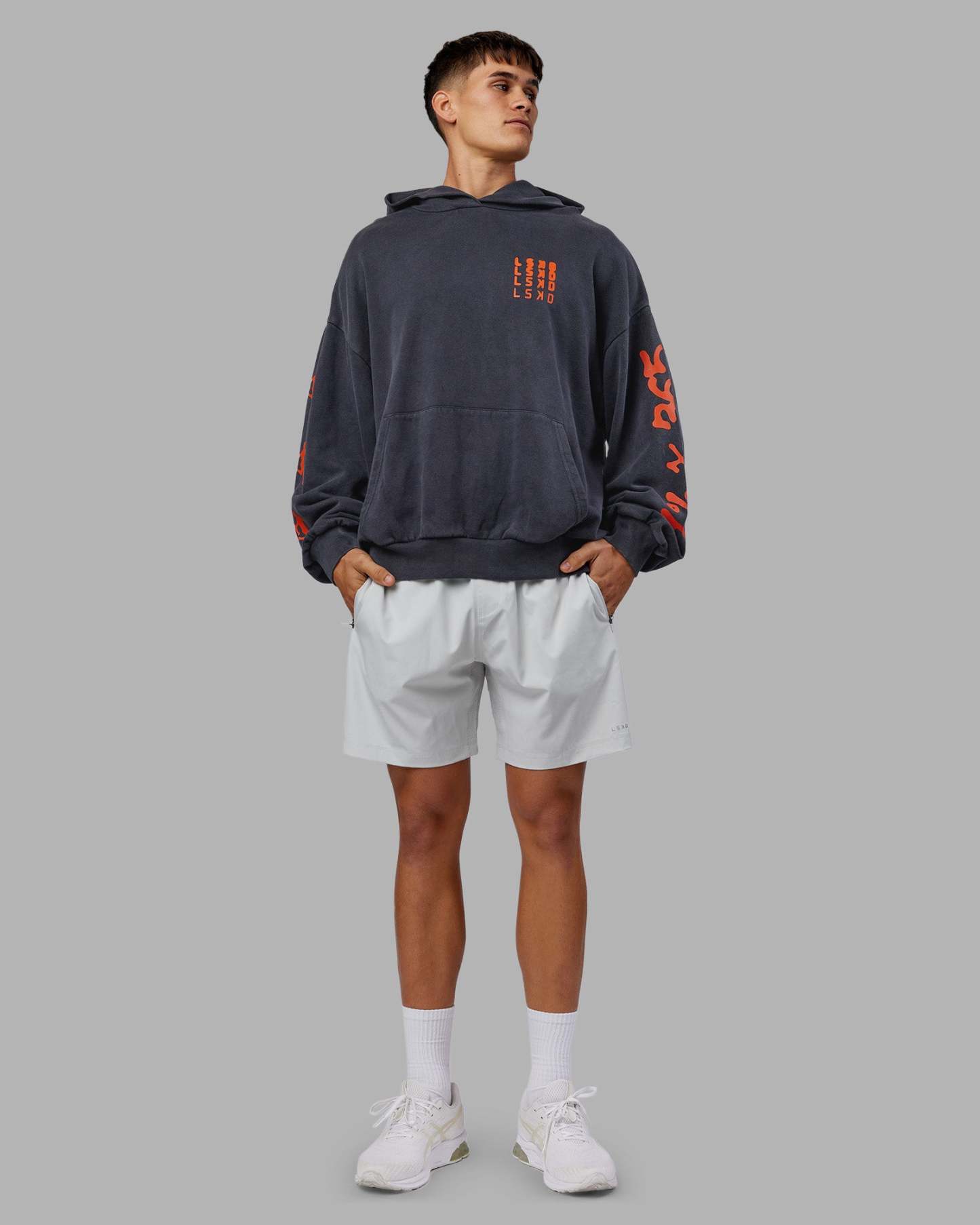 Journey Washed Unisex Oversize Hoodie - Black-Ultra Orange