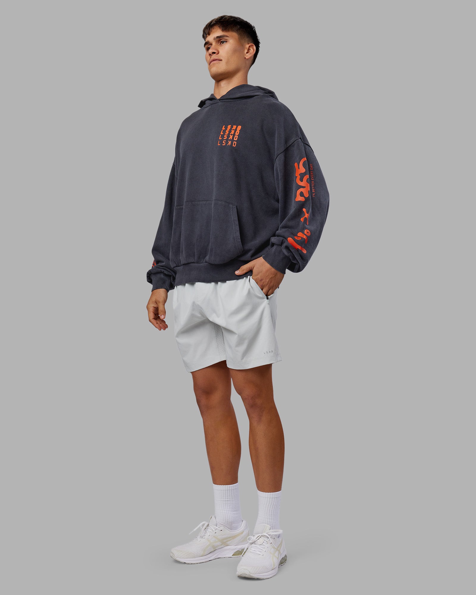 Journey Washed Unisex Oversize Hoodie - Black-Ultra Orange