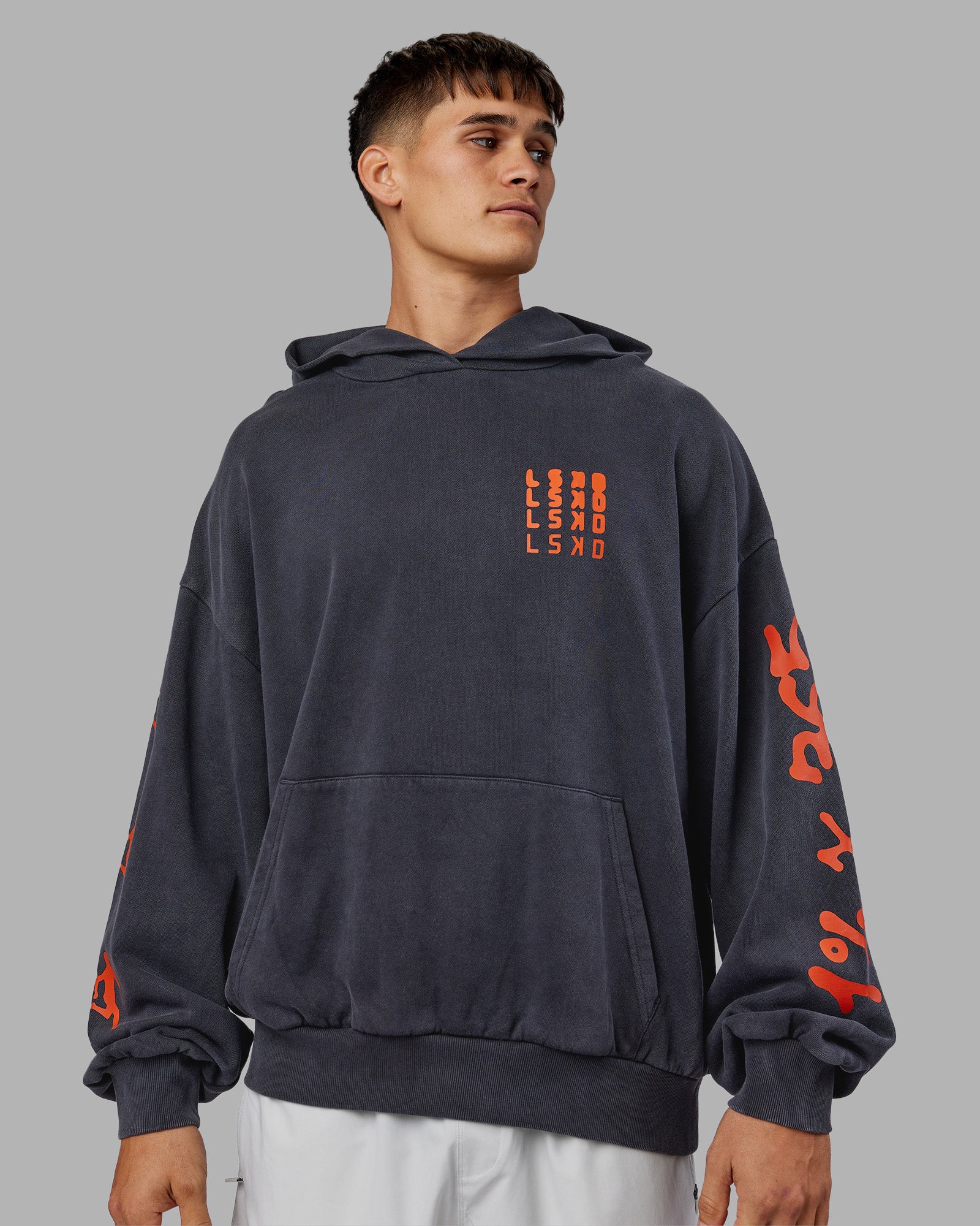 Journey Washed Unisex Oversize Hoodie - Black-Ultra Orange