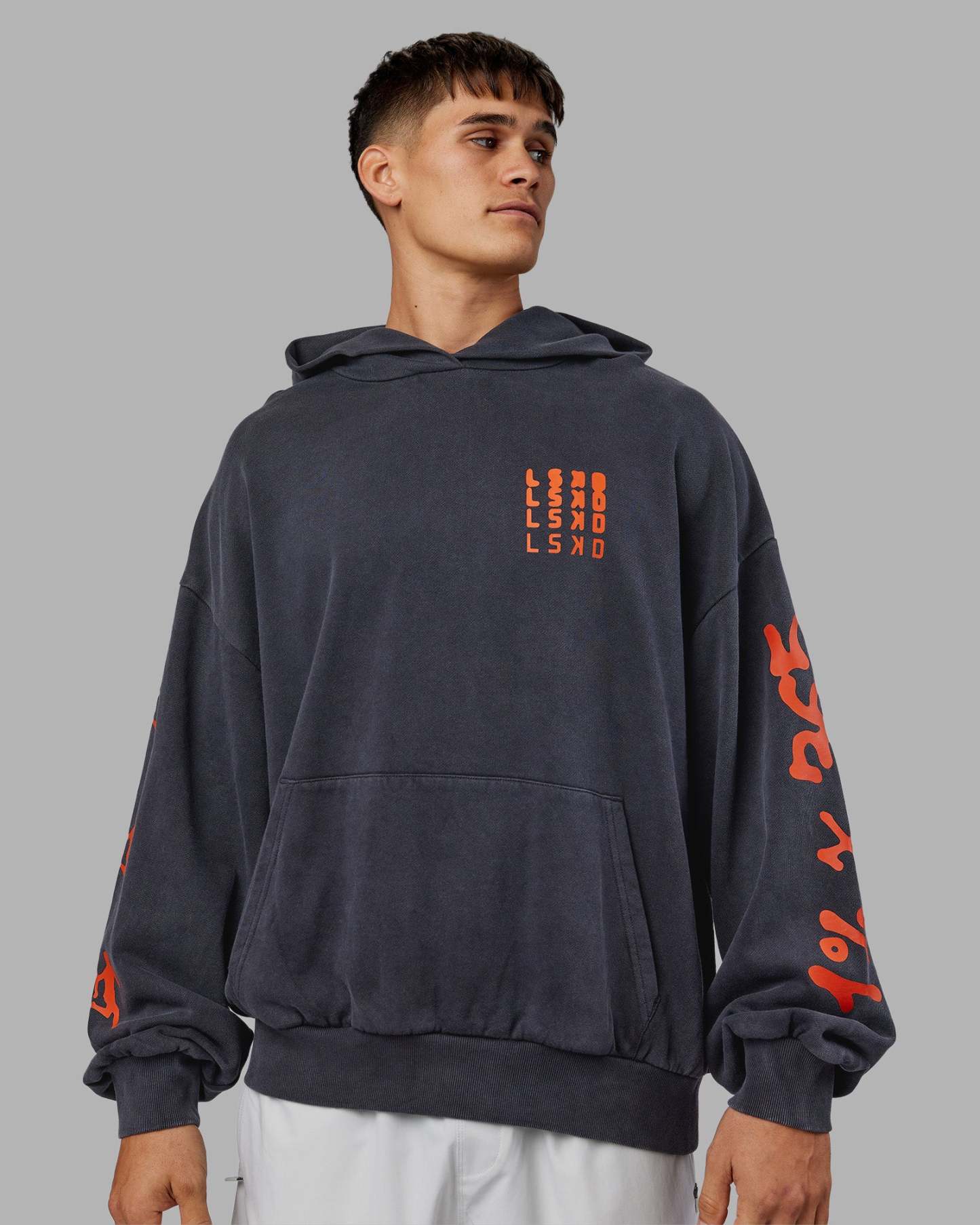 Journey Washed Unisex Oversize Hoodie - Black-Ultra Orange