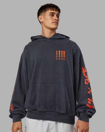 Journey Washed Unisex Oversize Hoodie - Black-Ultra Orange