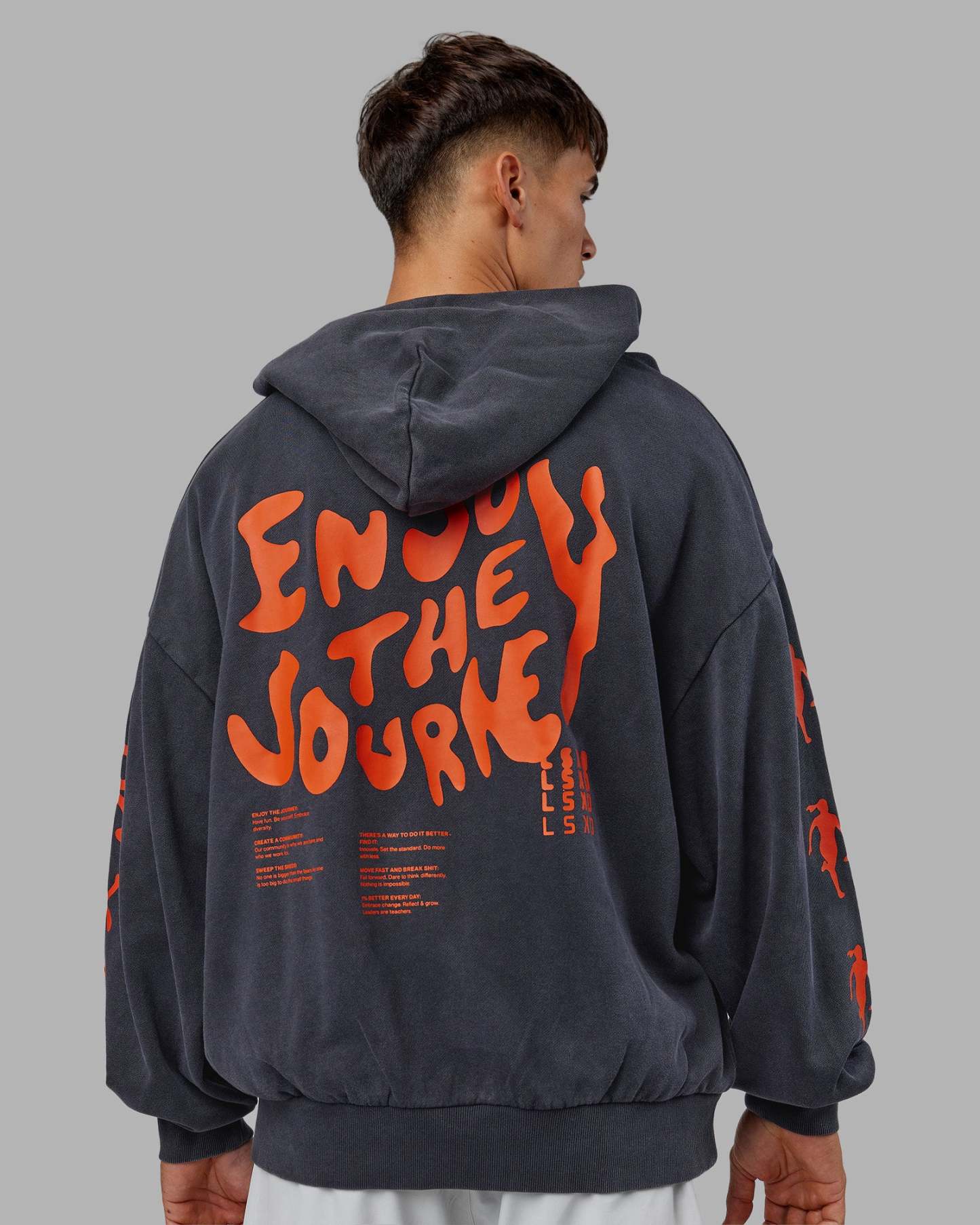 Journey Washed Unisex Oversize Hoodie - Black-Ultra Orange