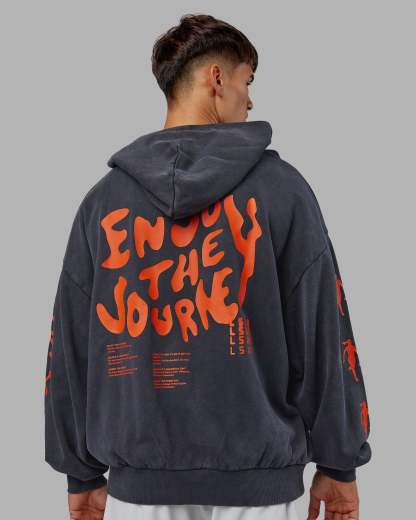 Journey Washed Unisex Oversize Hoodie - Black-Ultra Orange