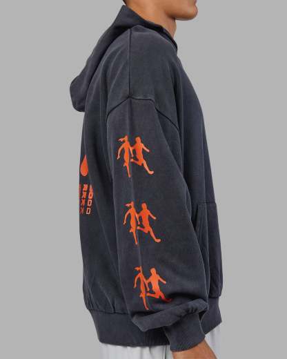 Journey Washed Unisex Oversize Hoodie - Black-Ultra Orange