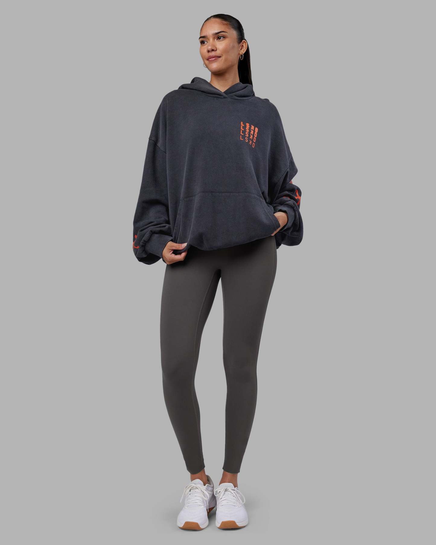 Journey Washed Unisex Oversize Hoodie - Black-Ultra Orange