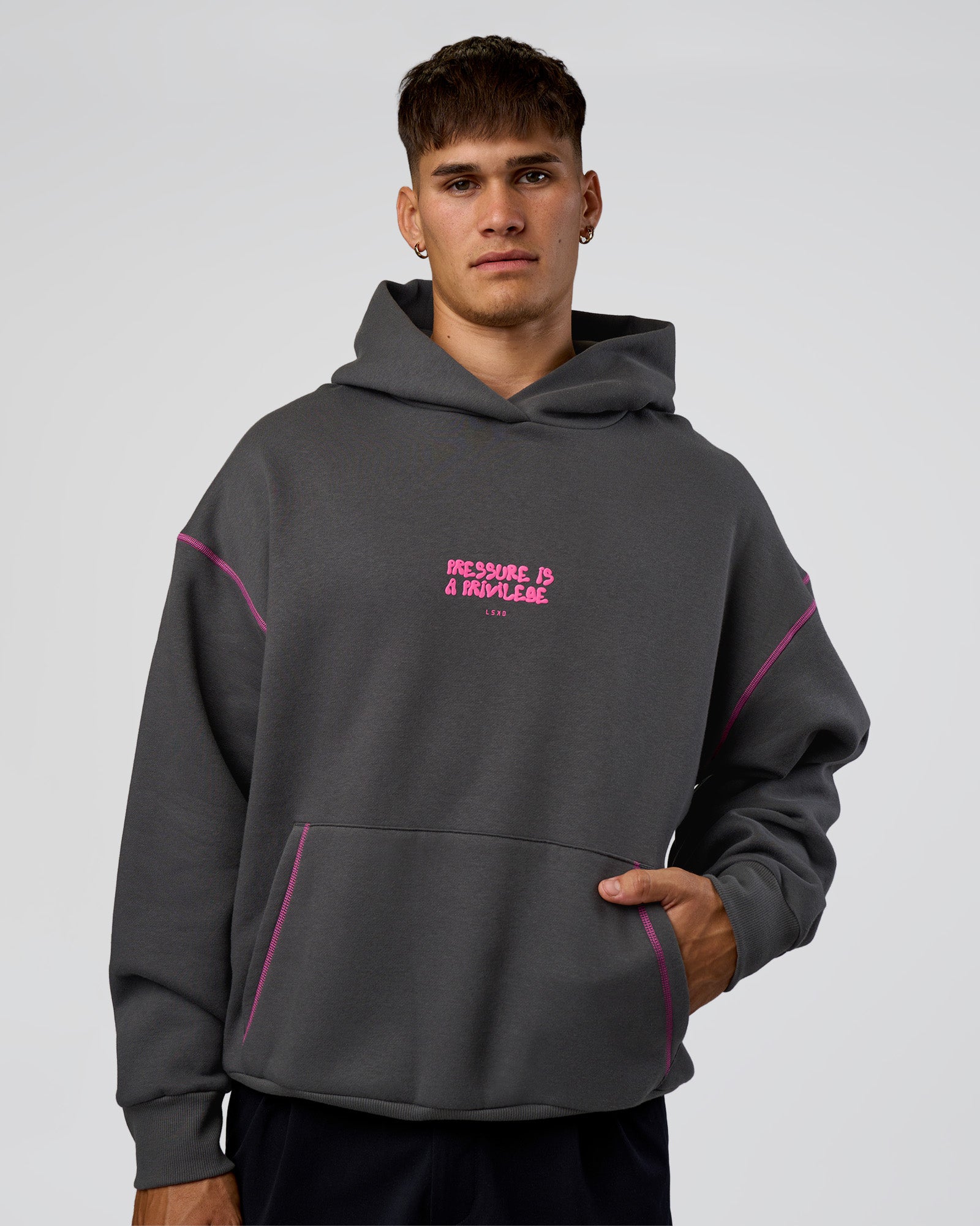 Pressure is Privilege Oversized Hoodie - Dark Storm-Ultra Fuchsia