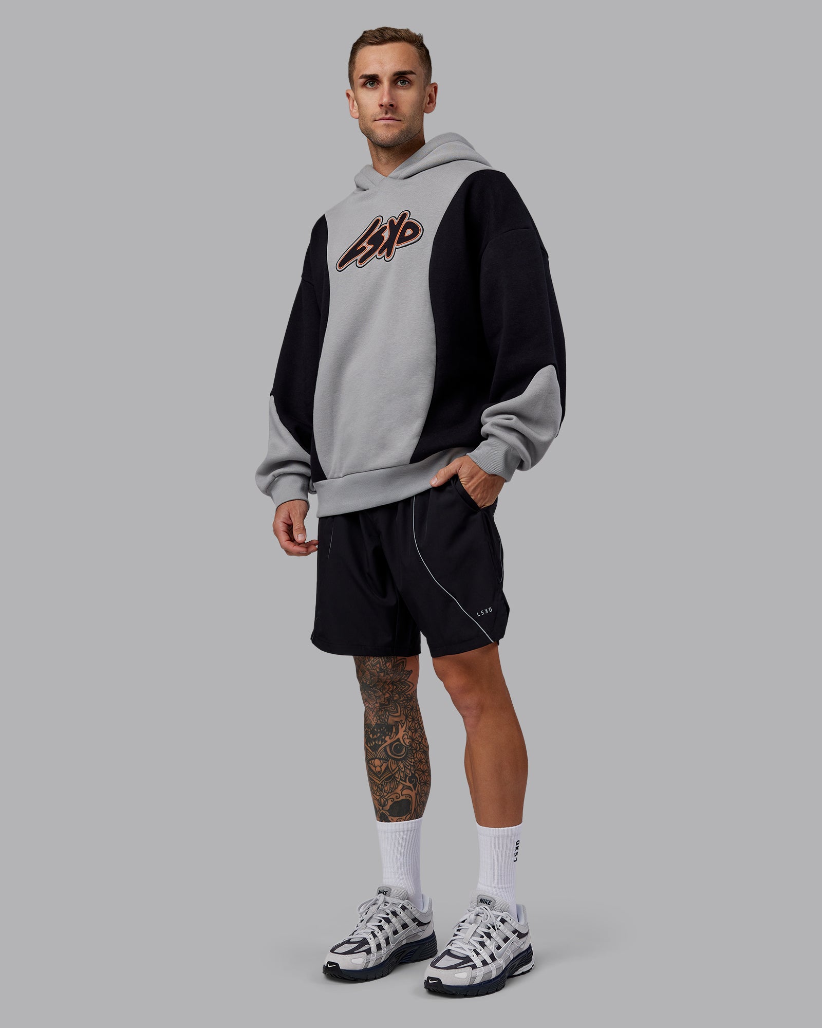 Downtown Oversized Panel Hoodie - Circular Grey - Black