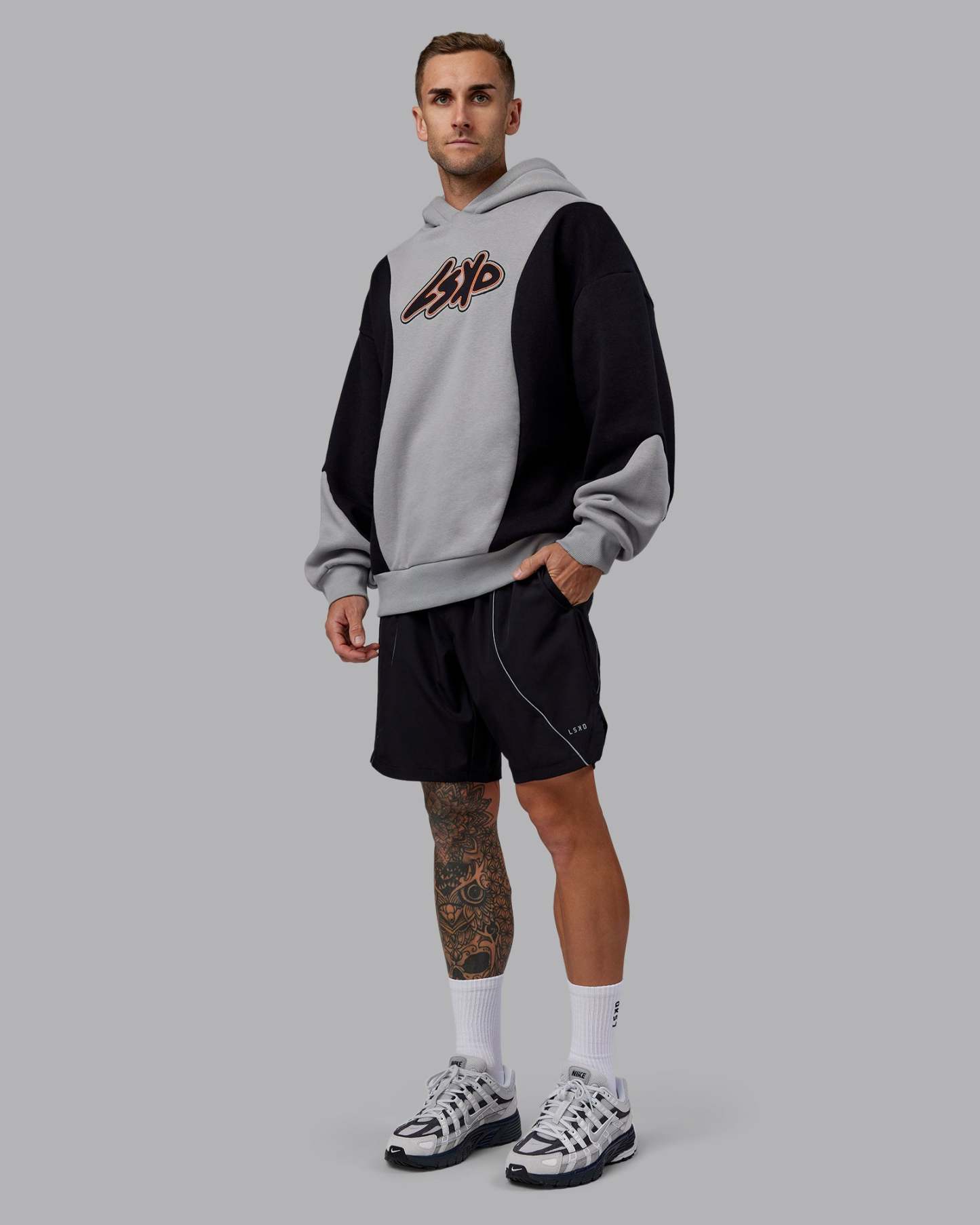 Downtown Oversized Panel Hoodie - Circular Grey - Black