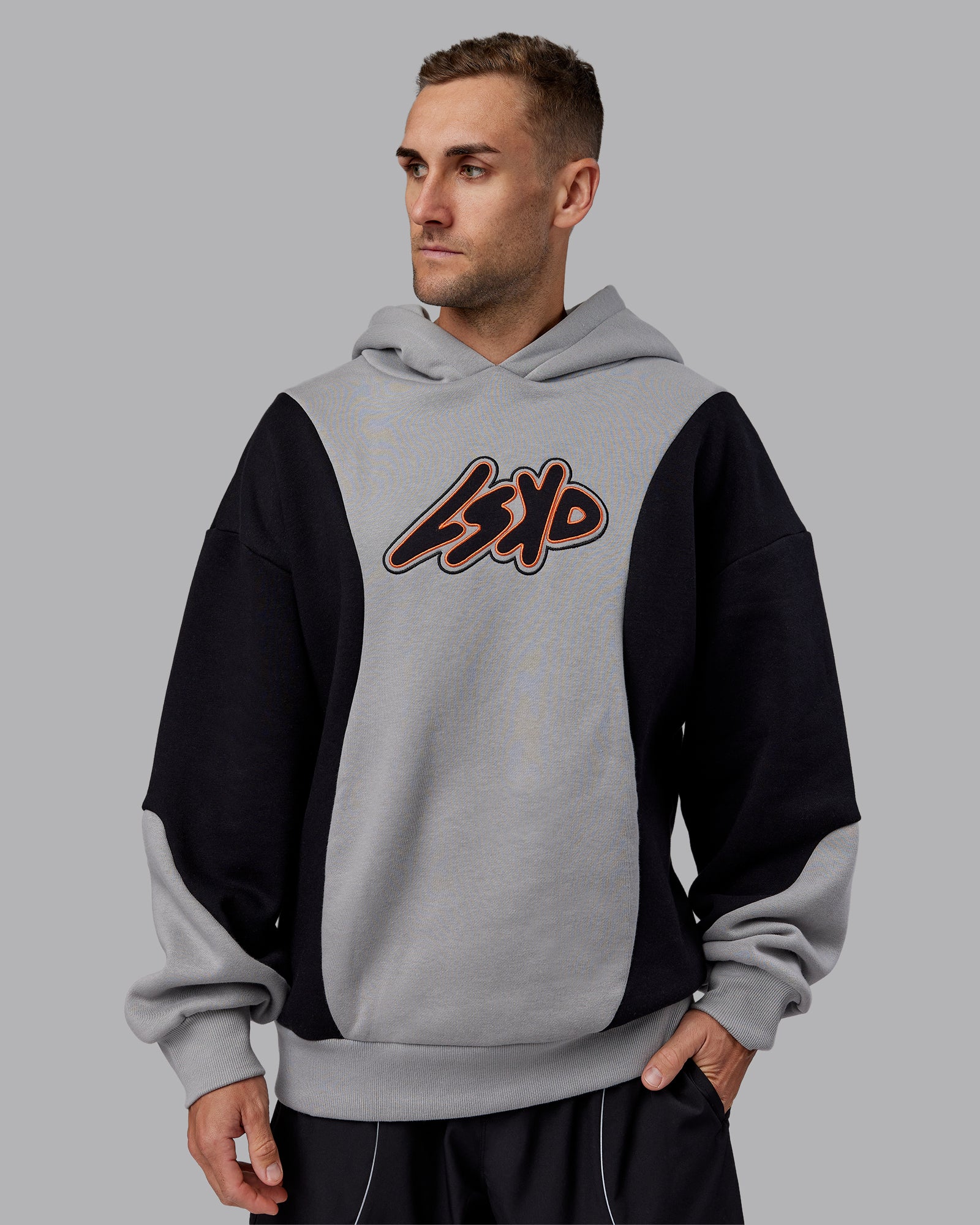 Downtown Oversized Panel Hoodie - Circular Grey - Black