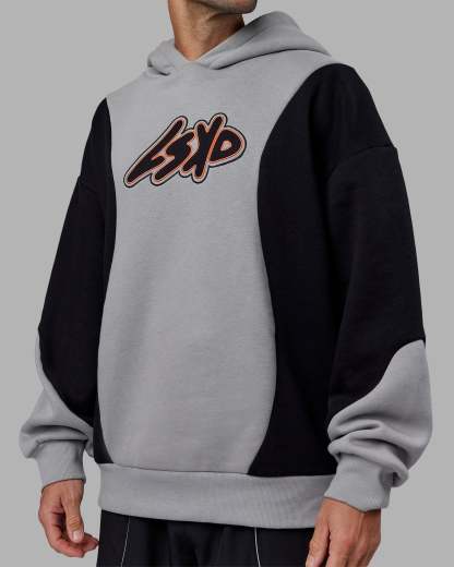 Downtown Oversized Panel Hoodie - Circular Grey - Black
