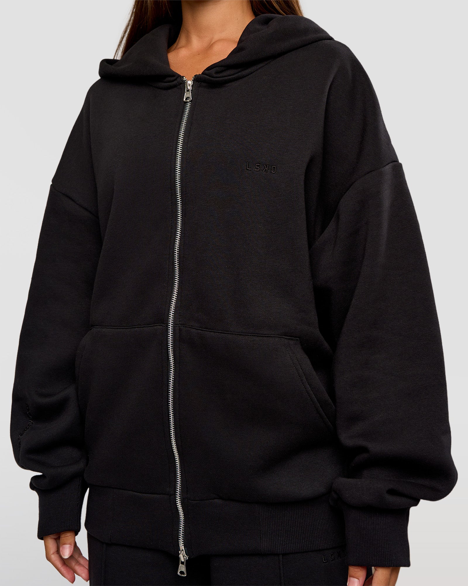 Base Zip Through Oversized Hoodie - Black