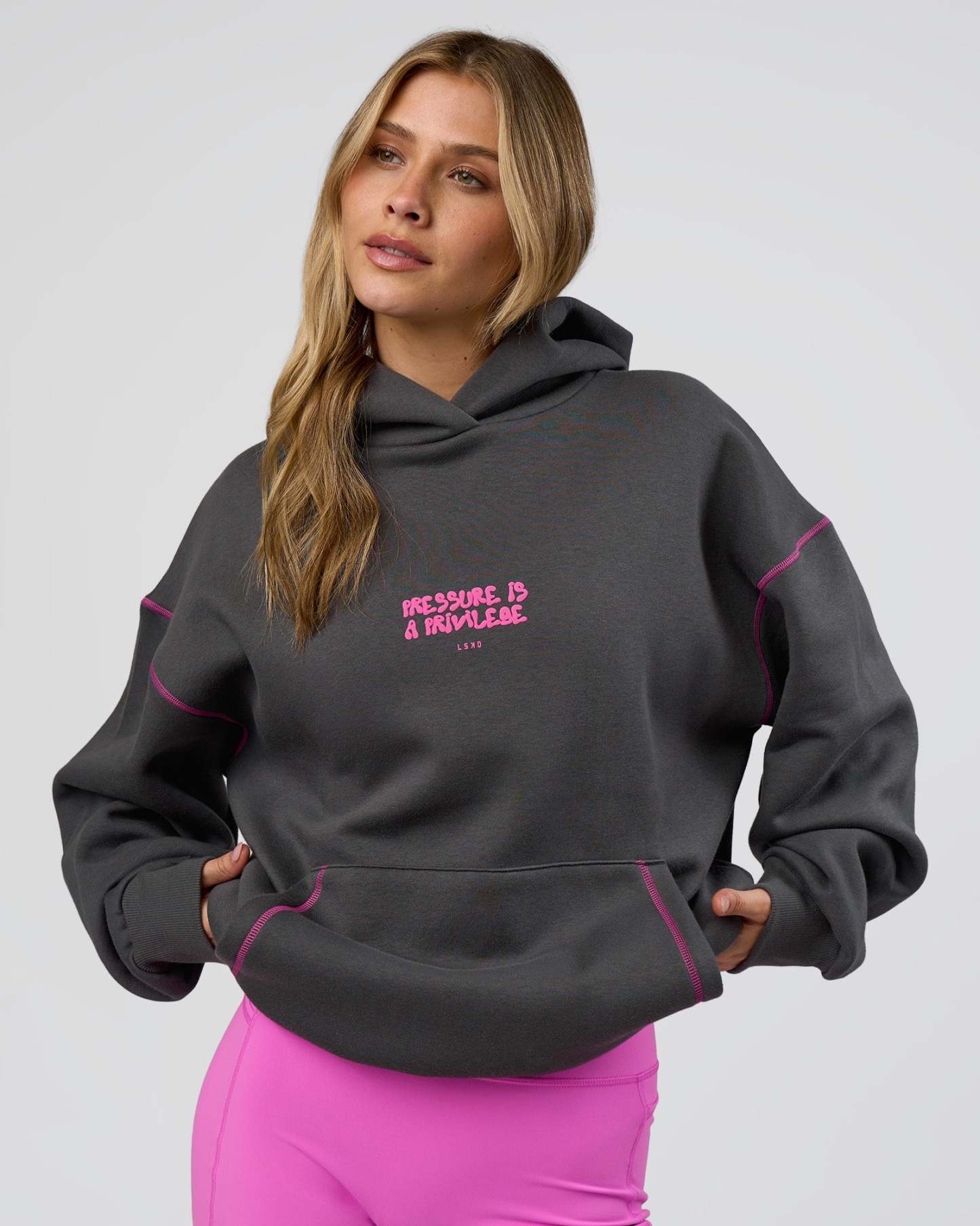Pressure is Privilege Oversized Hoodie - Dark Storm-Ultra Fuchsia