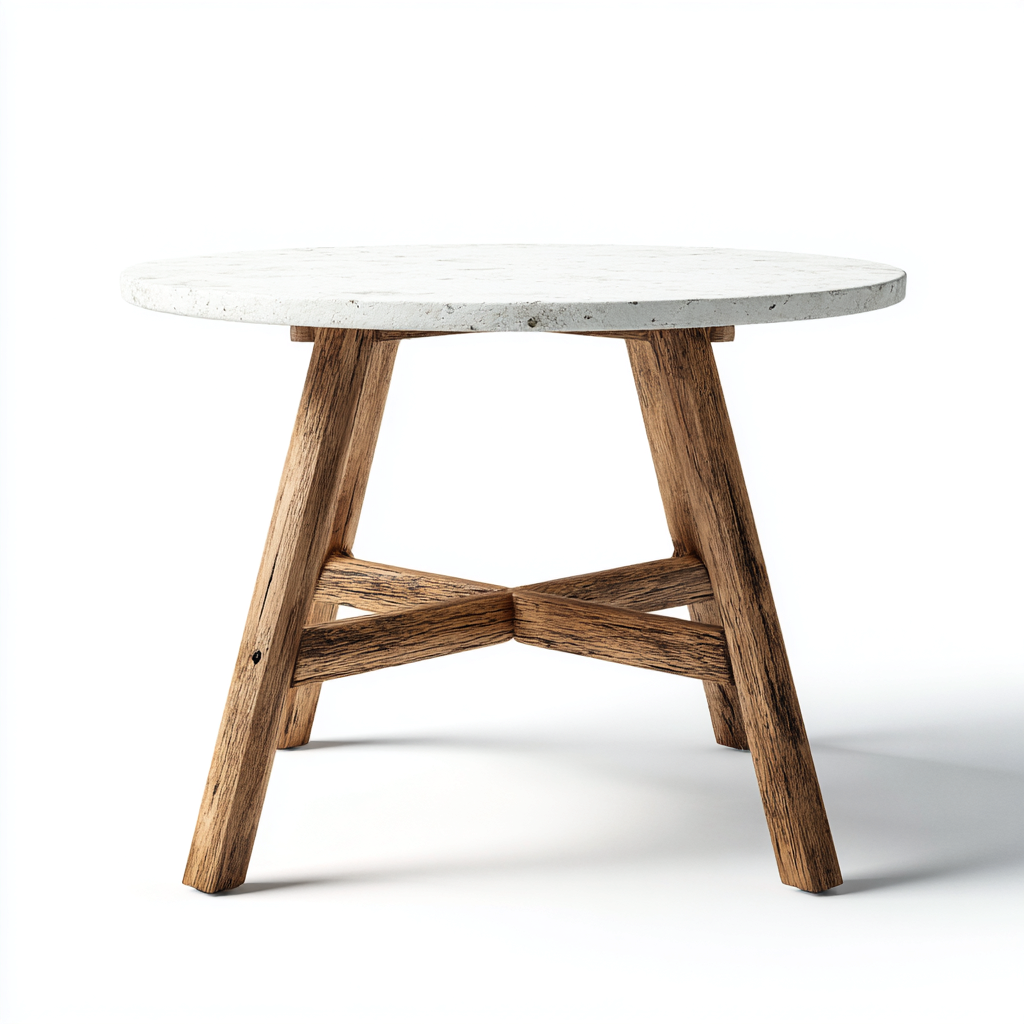 Mesa de jardín redonda con tablero de piedra y patas de madera 75x75x75 cm - blanco-madera - estilo rústico-Homiuphaus
