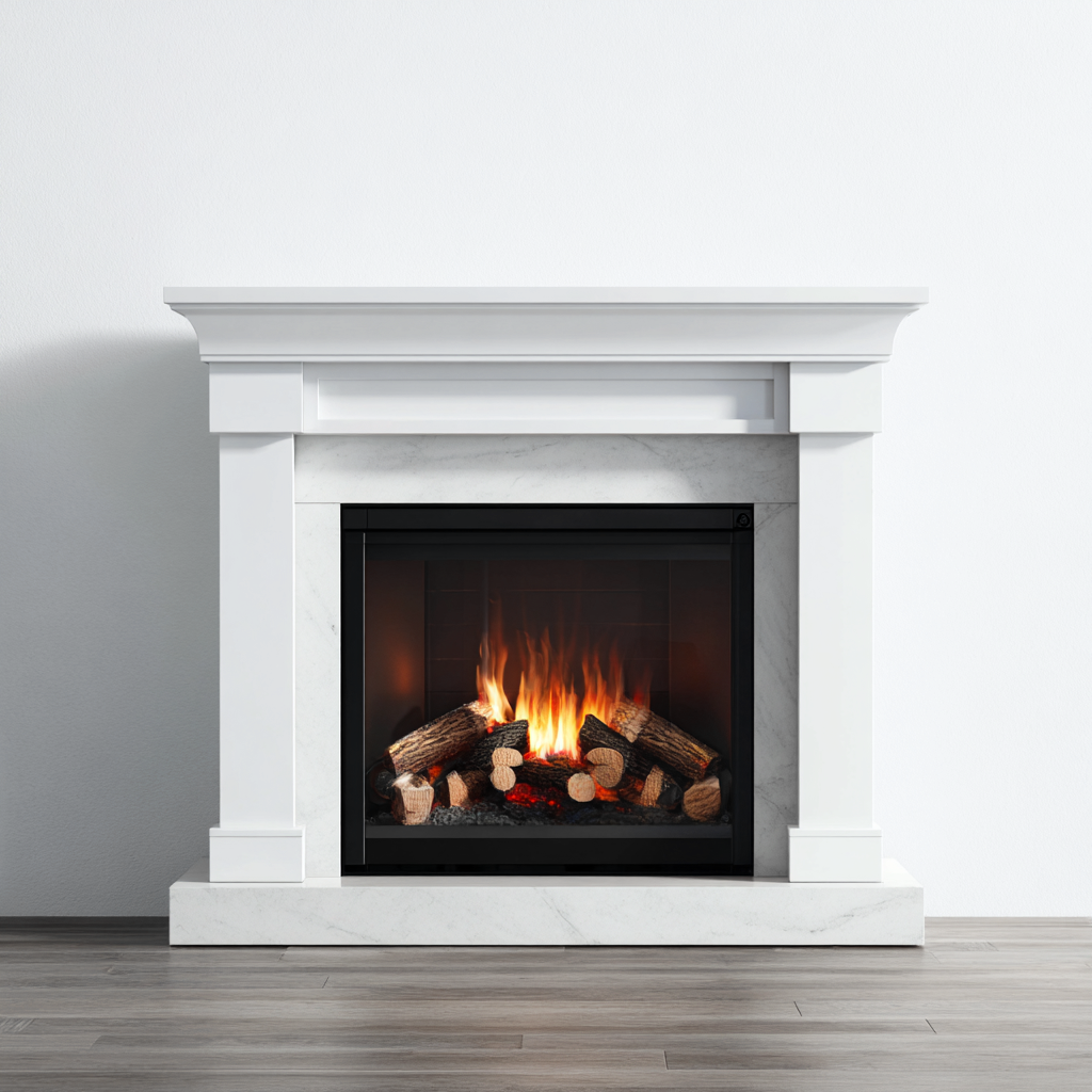 Chimenea eléctrica de mármol 120x35x85 cm - blanca - diseño clásico con troncos decorativos-Homiuphaus