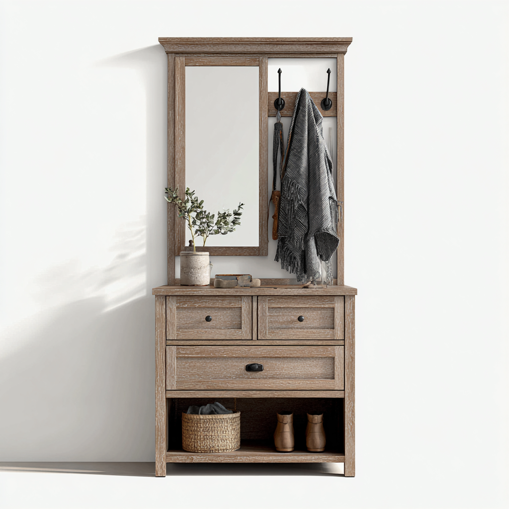 Perchero 90x40x190 cm - estructura de madera con espejo - diseño funcional para recibidores-Homiuphaus