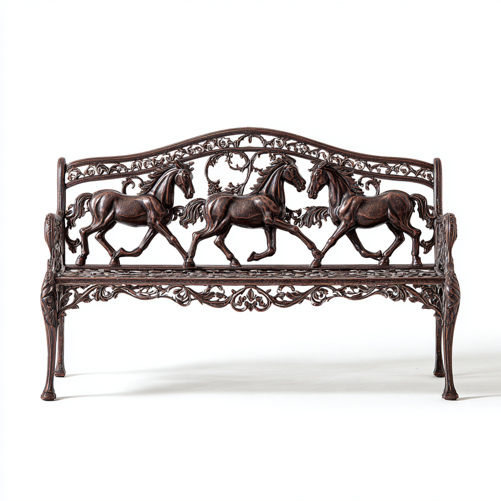 Banco de jardín de metal con diseño de caballos 140x58x91 cm - bronce oscuro - diseño ornamental-Homiuphaus